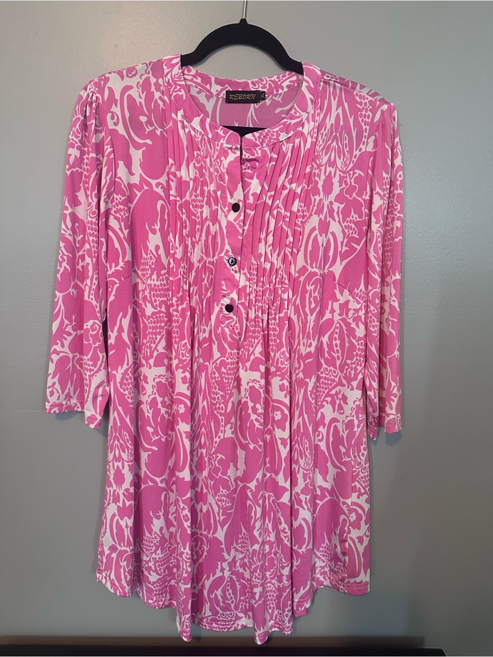 Reborn Pink and White Floral Pintuck Long Sleeve Dress
